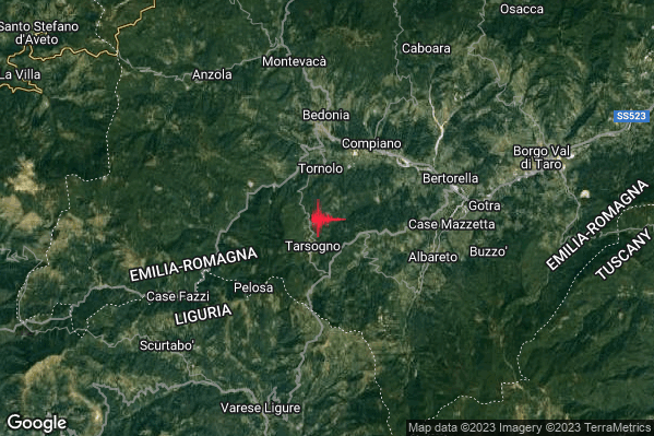 Debole Terremoto M2.6 epicentro 3 km S Tornolo (PR) alle 19:55:16 (17:55:16 UTC)