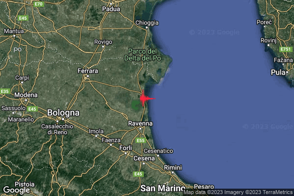 Debole Terremoto M2.3 epicentro Costa Ferrarese (Ferrara) alle 21:58:43 (19:58:43 UTC)