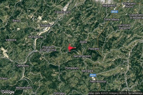 Debole Terremoto M2.3 epicentro 3 km NW Serramazzoni (MO) alle 05:18:42 (03:18:42 UTC)