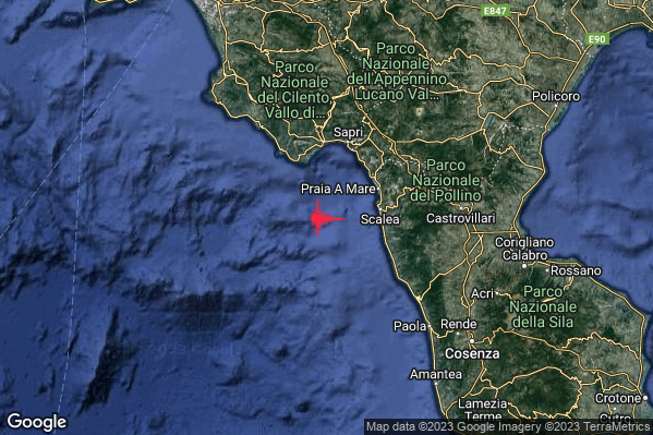 Debole Terremoto M2.7 epicentro Costa Calabra nord-occidentale (Cosenza) alle 09:20:54 (07:20:54 UTC)
