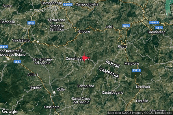 Debole Terremoto M2.7 epicentro 2 km E Cercemaggiore (CB) alle 04:13:36 (02:13:36 UTC)