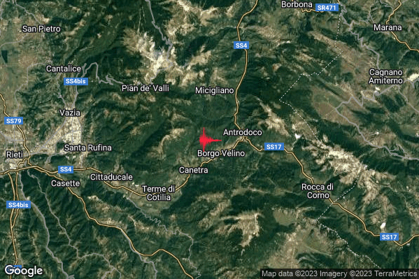 Lieve Terremoto M2.1 epicentro 1 km NW Borgo Velino (RI) alle 13:00:04 (11:00:04 UTC)