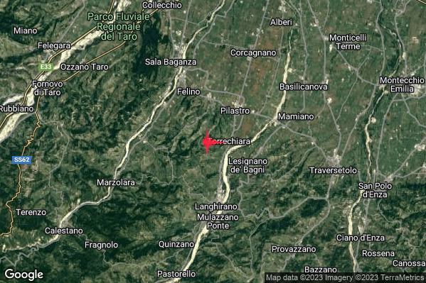 Lieve Terremoto M2.1 epicentro 3 km W Lesignano de' Bagni (PR) alle 16:14:29 (14:14:29 UTC)