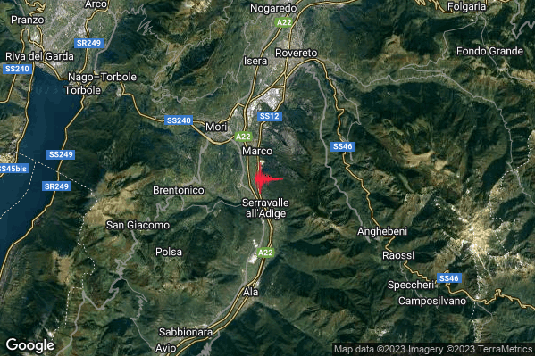 Lieve Terremoto M2.0 epicentro 5 km SE Mori (TN) alle 23:57:41 (21:57:41 UTC)