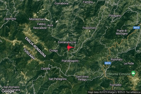 Leggero Terremoto M3.1 epicentro 6 km SW Frassinoro (MO) alle 01:32:24 (23:32:24 UTC)