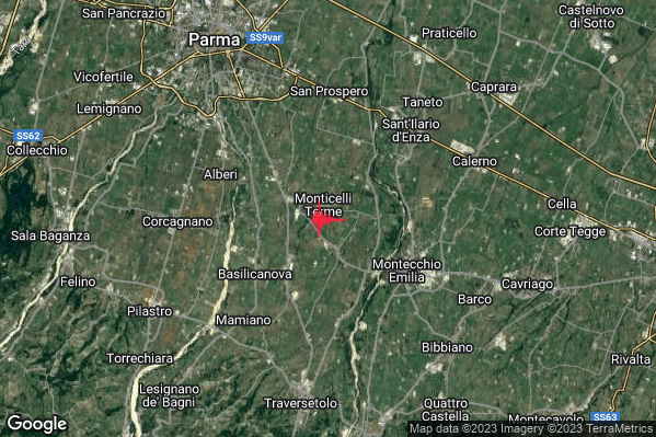 Lieve Terremoto M2.0 epicentro 4 km NW Montechiarugolo (PR) alle 01:42:49 (23:42:49 UTC)