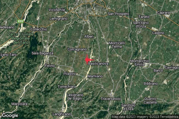 Debole Terremoto M2.3 epicentro 7 km NE Lesignano de' Bagni (PR) alle 12:22:27 (10:22:27 UTC)