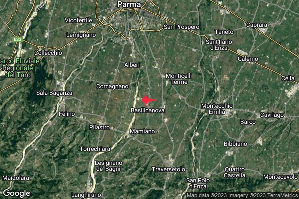 Debole Terremoto M2.4 epicentro 6 km W Montechiarugolo (PR) alle 02:24:07 (00:24:07 UTC)
