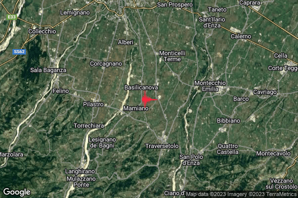 Lieve Terremoto M2.1 epicentro 5 km W Montechiarugolo (PR) alle 07:36:56 (05:36:56 UTC)