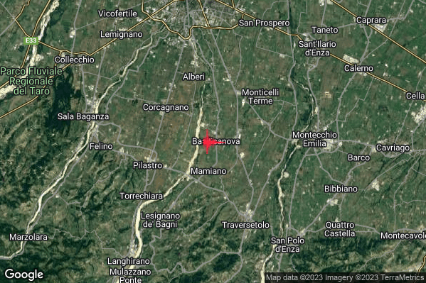 Lieve Terremoto M2.2 epicentro 6 km W Montechiarugolo (PR) alle 10:14:57 (08:14:57 UTC)