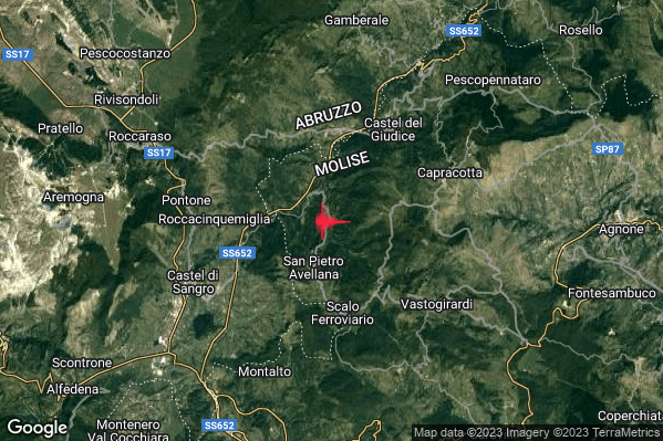 Lieve Terremoto M2.2 epicentro 3 km N San Pietro Avellana (IS) alle 15:59:52 (13:59:52 UTC)