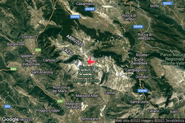 Leggero Terremoto M2.9 epicentro 6 km N Massa d'Albe (AQ) alle 02:25:42 (00:25:42 UTC)