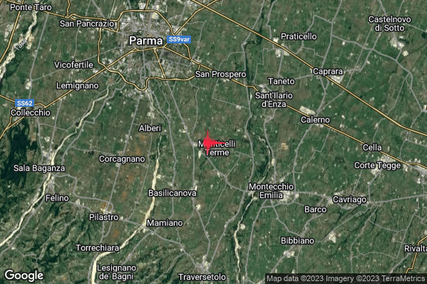 Lieve Terremoto M2.1 epicentro 5 km NW Montechiarugolo (PR) alle 04:21:29 (02:21:29 UTC)