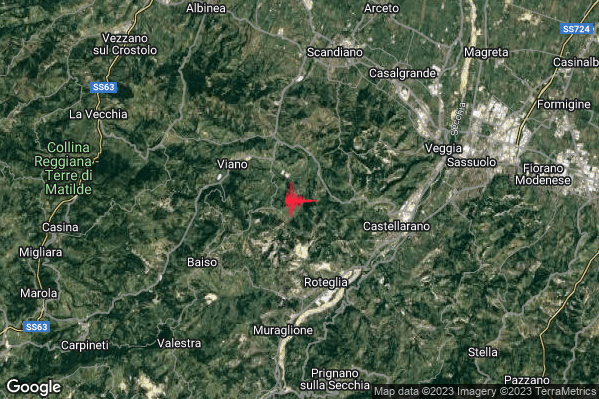 Lieve Terremoto M2.1 epicentro 4 km SE Viano (RE) alle 05:58:21 (03:58:21 UTC)