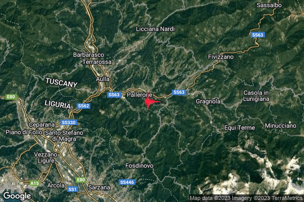 Lieve Terremoto M2.2 epicentro 5 km E Aulla (MS) alle 17:07:23 (15:07:23 UTC)