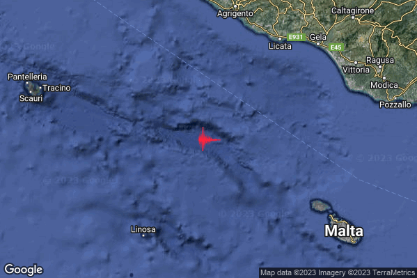 Leggero Terremoto M2.9 epicentro Canale di Sicilia meridionale (MARE) alle 12:56:42 (10:56:42 UTC)