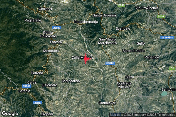 Debole Terremoto M2.7 epicentro 6 km SW San Mauro Marchesato (KR) alle 23:25:45 (21:25:45 UTC)