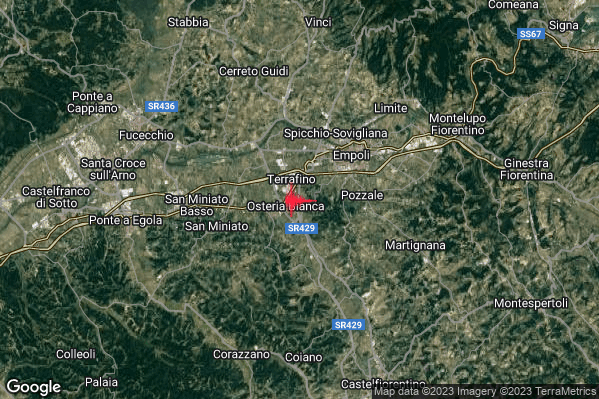 Lieve Terremoto M2.0 epicentro 4 km SW Empoli (FI) alle 22:49:36 (20:49:36 UTC)