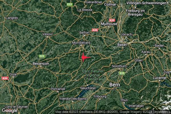 Debole Terremoto M2.7 epicentro Confine Svizzera-Francia (SVIZZERA FRANCIA) alle 22:32:38 (20:32:38 UTC)