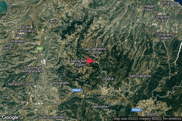 Lieve Terremoto M2.1 epicentro 2 km SW San Demetrio Corone (CS) alle 18:33:20 (16:33:20 UTC)