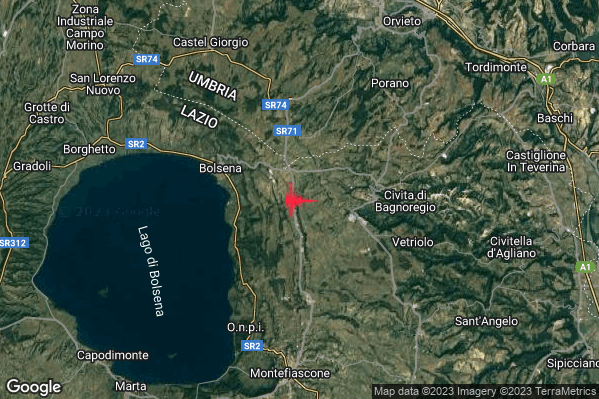 Lieve Terremoto M2.1 epicentro 5 km E Bolsena (VT) alle 03:05:32 (01:05:32 UTC)