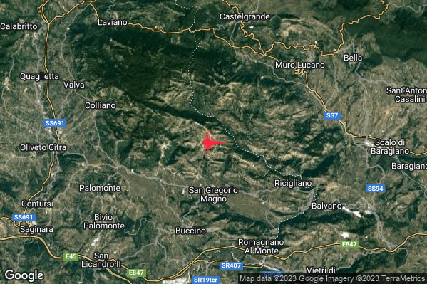 Leggero Terremoto M3.1 epicentro 5 km N San Gregorio Magno (SA) alle 15:23:32 (13:23:32 UTC)