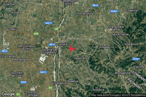 Lieve Terremoto M2.2 epicentro 3 km E Tortona (AL) alle 06:33:32 (04:33:32 UTC)