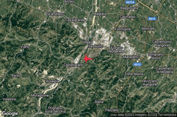Debole Terremoto M2.6 epicentro 2 km SW Sassuolo (MO) alle 09:36:33 (07:36:33 UTC)