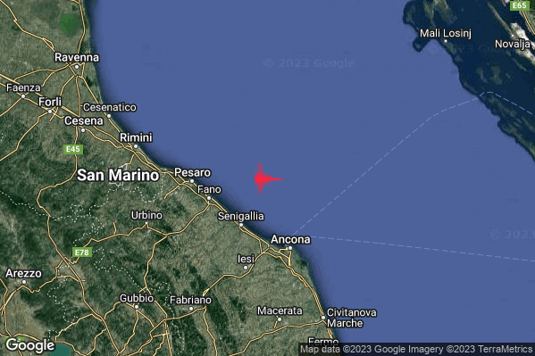 Distinto Terremoto M3.9 epicentro Costa Marchigiana Anconetana (Ancona) alle 16:36:21 (14:36:21 UTC)