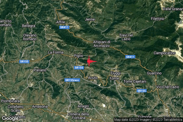 Debole Terremoto M2.3 epicentro 2 km SE Piglio (FR) alle 04:59:36 (02:59:36 UTC)