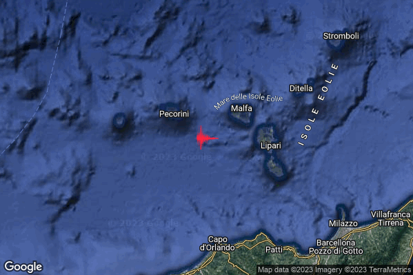 Lieve Terremoto M2.1 epicentro Isole Eolie (Messina) alle 05:07:33 (03:07:33 UTC)