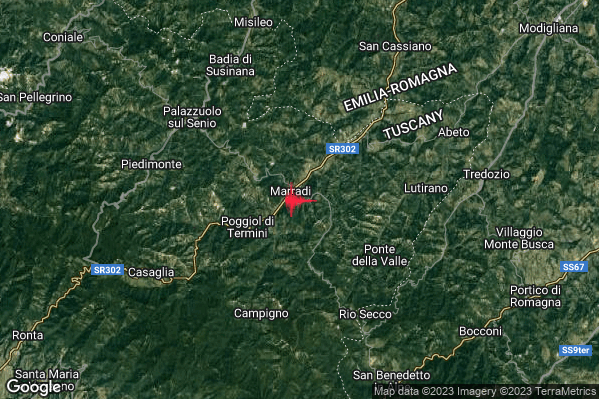 Lieve Terremoto M2.0 epicentro 1 km SE Marradi (FI) alle 05:17:27 (03:17:27 UTC)