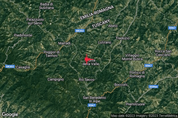 Debole Terremoto M2.5 epicentro 5 km SE Marradi (FI) alle 05:23:54 (03:23:54 UTC)