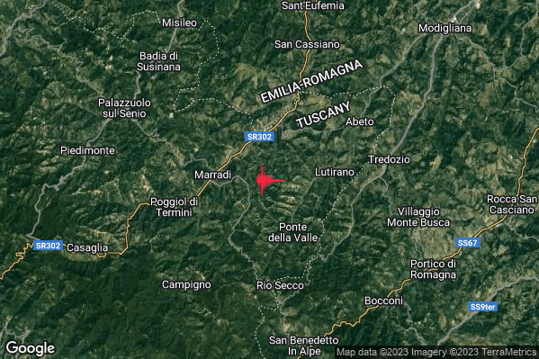 Leggero Terremoto M3.0 epicentro 3 km E Marradi (FI) alle 09:35:48 (07:35:48 UTC)