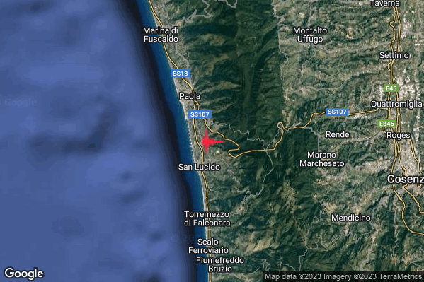 Leggero Terremoto M2.9 epicentro 2 km NE San Lucido (CS) alle 01:43:24 (23:43:24 UTC)