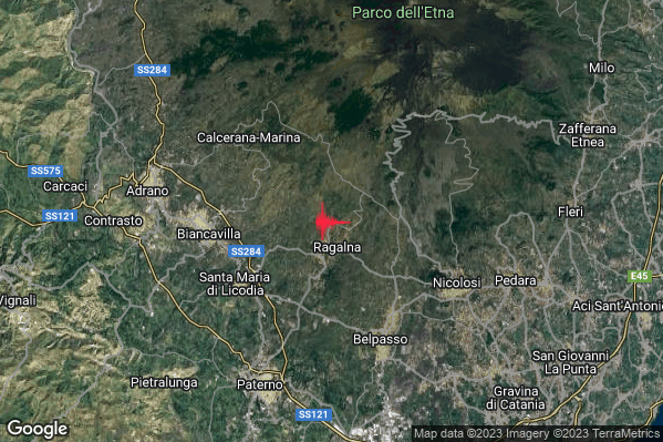 Debole Terremoto M2.3 epicentro 2 km N Ragalna (CT) alle 10:45:05 (08:45:05 UTC)