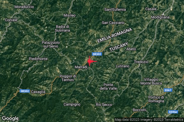 Lieve Terremoto M2.0 epicentro 2 km NE Marradi (FI) alle 23:38:08 (21:38:08 UTC)