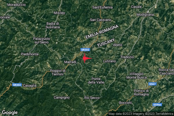 Debole Terremoto M2.5 epicentro 3 km E Marradi (FI) alle 00:22:28 (22:22:28 UTC)