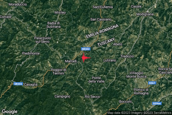 Leggero Terremoto M3.2 epicentro 3 km E Marradi (FI) alle 00:50:11 (22:50:11 UTC)