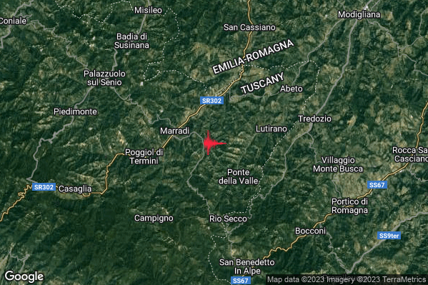 Debole Terremoto M2.4 epicentro 3 km E Marradi (FI) alle 03:35:29 (01:35:29 UTC)