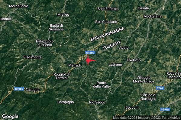 Debole Terremoto M2.5 epicentro 3 km E Marradi (FI) alle 12:05:52 (10:05:52 UTC)