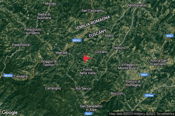 Debole Terremoto M2.7 epicentro 5 km E Marradi (FI) alle 13:56:50 (11:56:50 UTC)