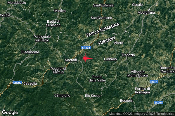 Lieve Terremoto M2.0 epicentro 3 km E Marradi (FI) alle 14:37:13 (12:37:13 UTC)