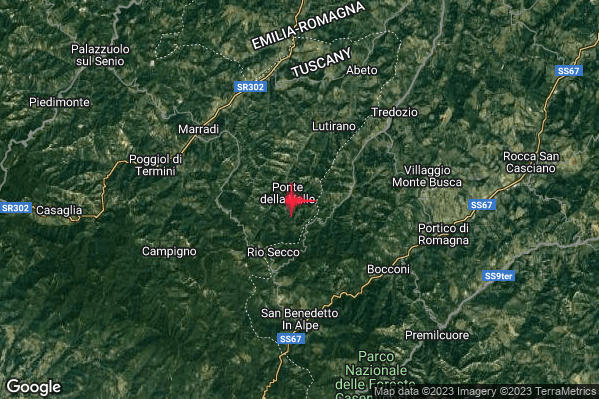 Debole Terremoto M2.4 epicentro 6 km SW Tredozio (FC) alle 15:27:15 (13:27:15 UTC)