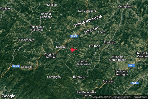 Debole Terremoto M2.3 epicentro 3 km E Marradi (FI) alle 23:59:26 (21:59:26 UTC)