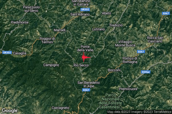 Debole Terremoto M2.6 epicentro 7 km SE Marradi (FI) alle 10:35:52 (08:35:52 UTC)