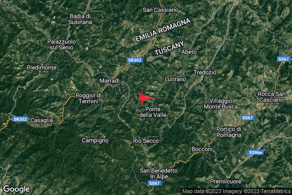 Debole Terremoto M2.4 epicentro 4 km E Marradi (FI) alle 07:17:41 (05:17:41 UTC)