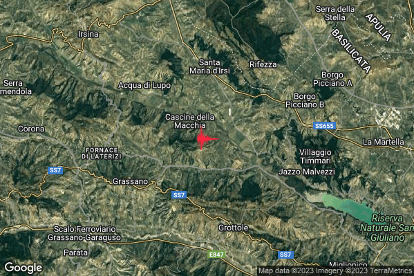 Debole Terremoto M2.4 epicentro 7 km N Grottole (MT) alle 12:46:31 (10:46:31 UTC)