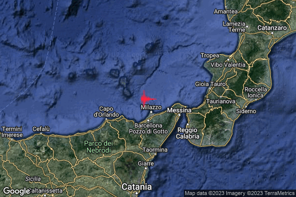 Debole Terremoto M2.3 epicentro Costa Siciliana nord-orientale (Messina) alle 02:17:13 (00:17:13 UTC)