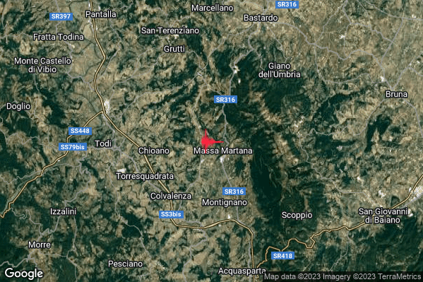 Lieve Terremoto M2.0 epicentro 1 km NW Massa Martana (PG) alle 14:46:56 (12:46:56 UTC)